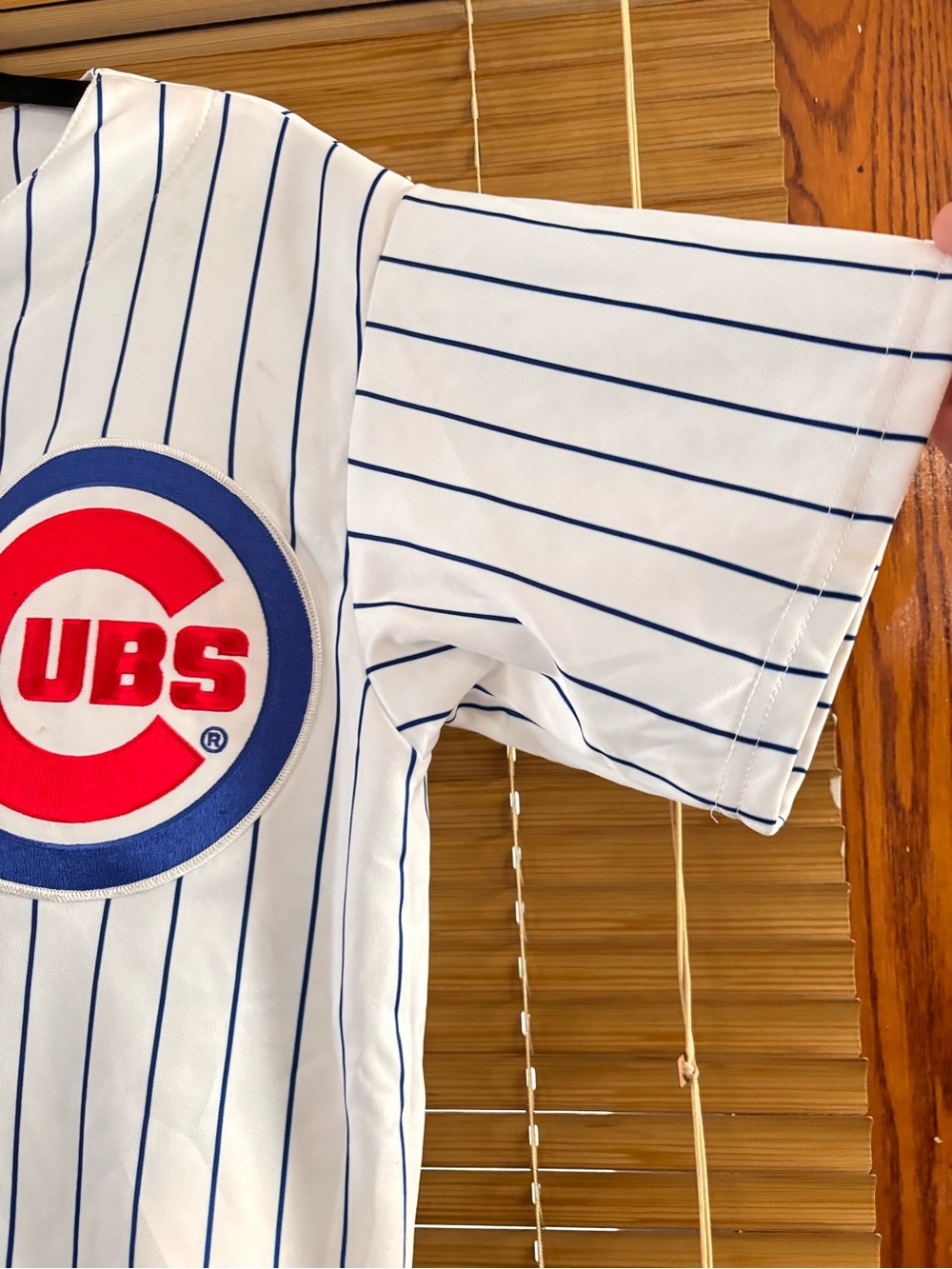 Majestic White Pinstripe Baseball Jersey with Blue and Red Logo - Picture 6 of 8